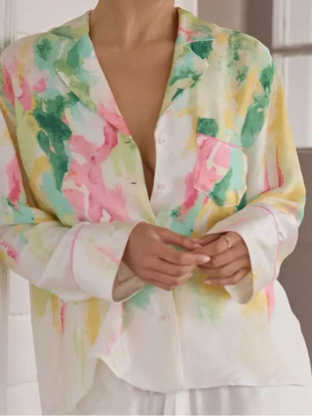 LyreBird Button-Up Top in Pink, Green & Yellow PJ Top Size Medium